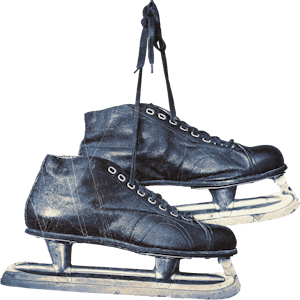 A pair of leather ice skates hung by their laces